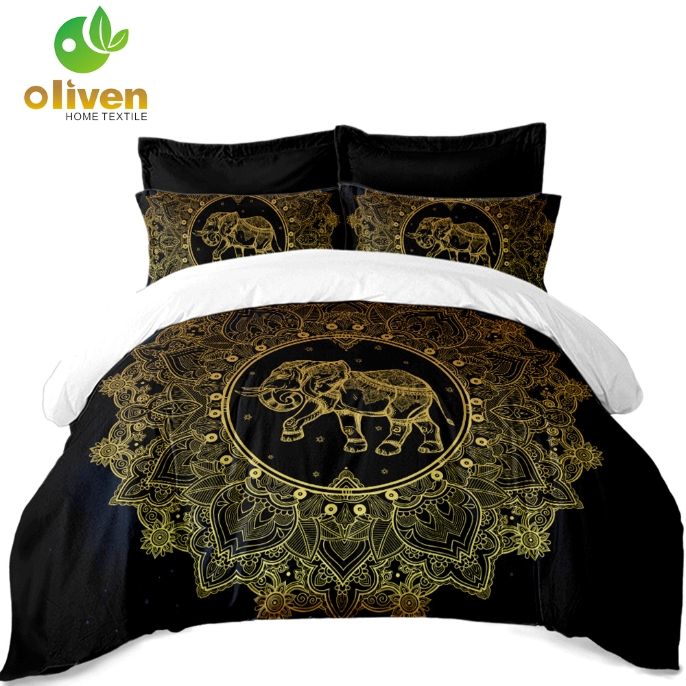  ڳ ħ Ʈ Ȳ ٶ μ  ̺ Ŀ  ׸ ŷ  ħ Ŀ  ε Ÿ A30/Tribal Elephant Bedding Set Golden Mandala print Black Duvet Cover Polyester King